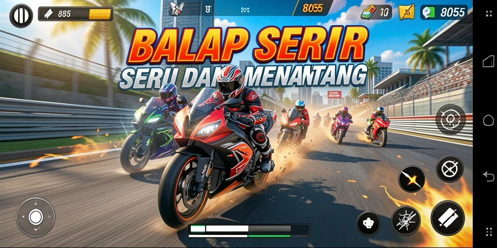 Tampilan gameplay balapan motor yang seru dan mendebarkan.