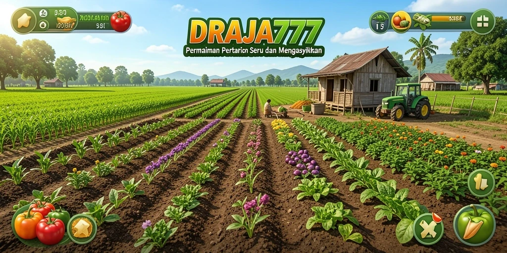 Tampilan gameplay DRAJA777 yang menampilkan ladang dan tanaman hijau.