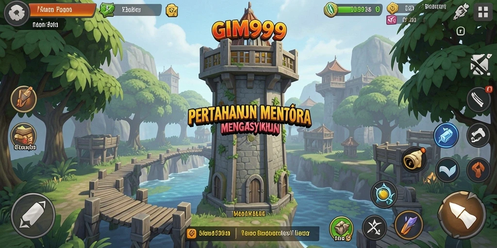 Tampilan gameplay intens GIM999 dengan pertahanan menara yang strategis.