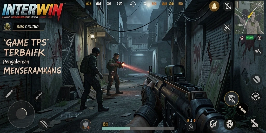 Tangkapan layar dari gameplay mendebarkan INTERWIN yang menunjukkan aksi tembak-menembak.