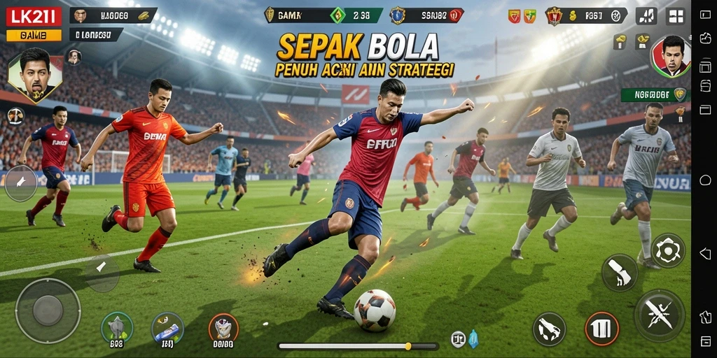 Screenshot yang menunjukkan aksi menegangkan dalam pertandingan sepak bola.