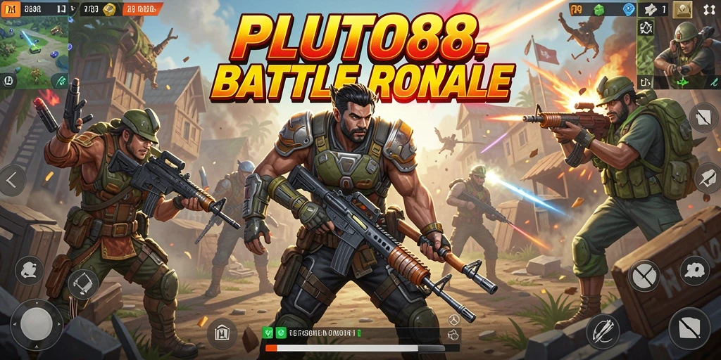 Screenshot utama PLUTO88 menampilkan pertarungan seru di medan Battle Royale.