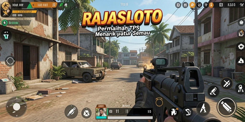 Screenshot utama RAJASLOTO menampilkan aksi tembak-menembak yang mendebarkan.